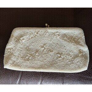 Vintage 50s Beaded Evening Purse Bag Clutch White Seed Pearls Hand Made in Japan